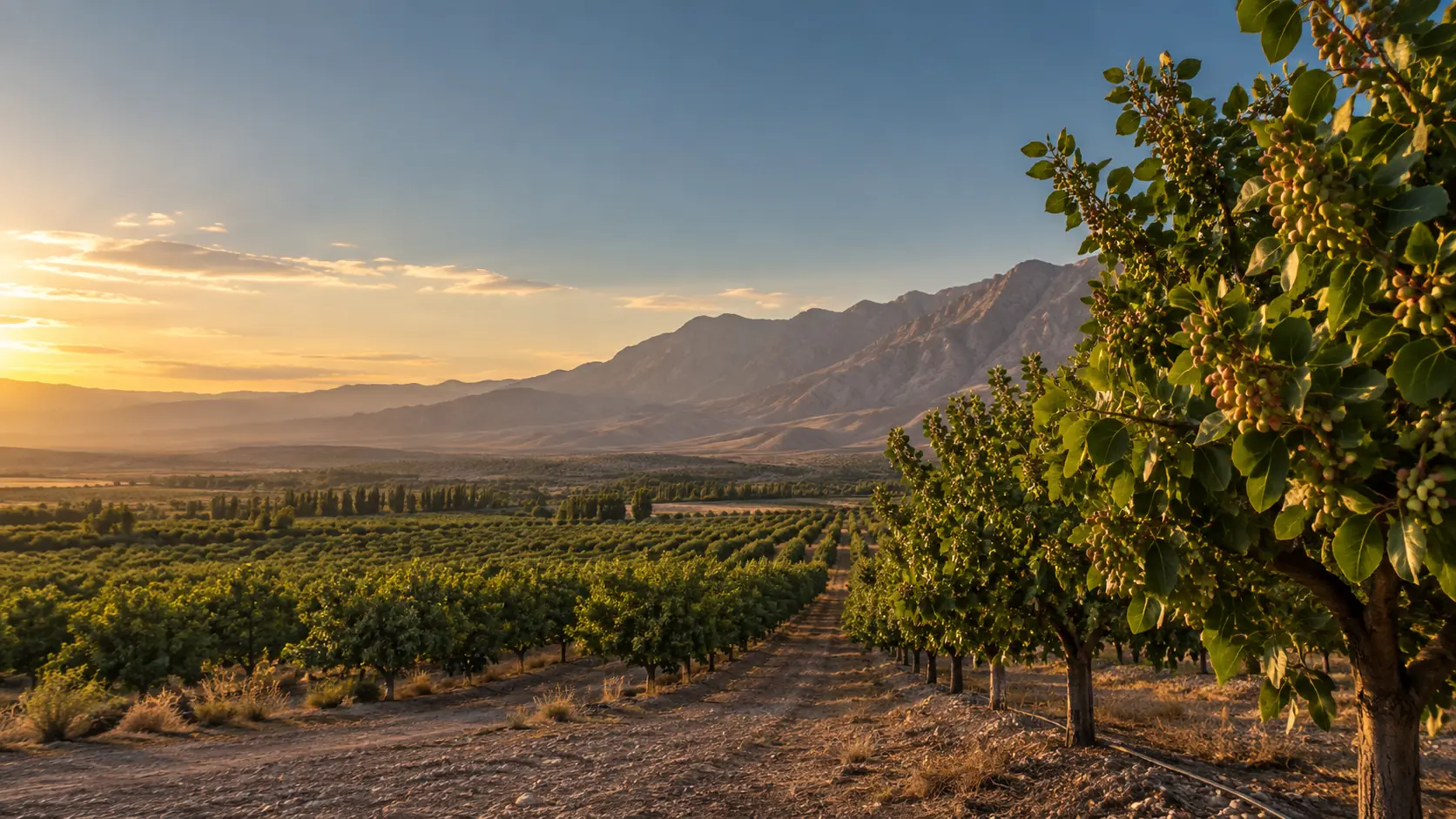 Paisaje de cultivo de pistachos al atardecer, junto a las montañas